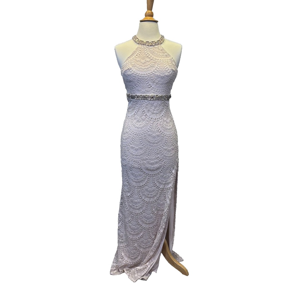 Sequin Hearts Size 9 Lavender Nude Lace Beaded Halter Formal Prom Gown NWT